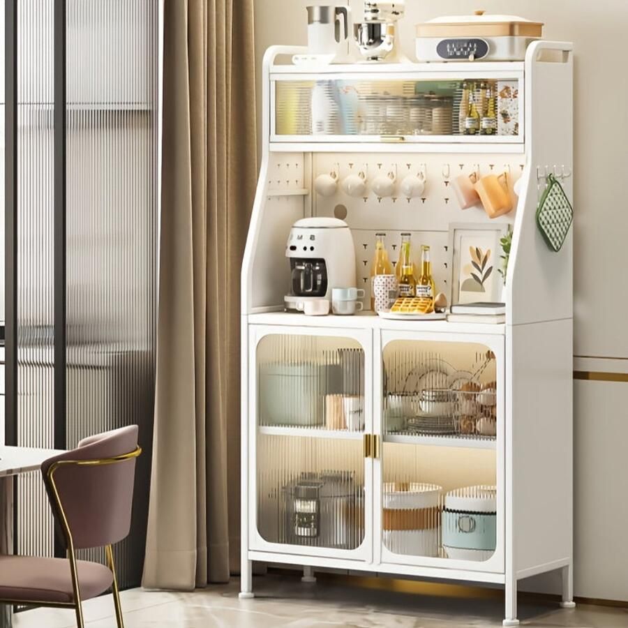 Corenia Keukenkast – Opbergkast – Buffetkast – Magnetronkast – Koffiebarkast – Verstelbare Planken – Gietijzeren Materiaal – Wit Design