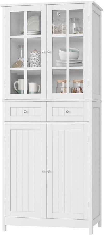 Corenia Keukenkast – Voorraadkast – Opbergkast – Buffetkast – Keukenmeubel – 181 cm Hoog – MDF Hout Wit Met Glazen Deurtjes