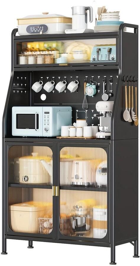 Corenia Keukenopberger – Kast – Buffetkast – Koffiebar – Opbergkast – Zwart Gietijzer – Instelbare Planken – Pegboard