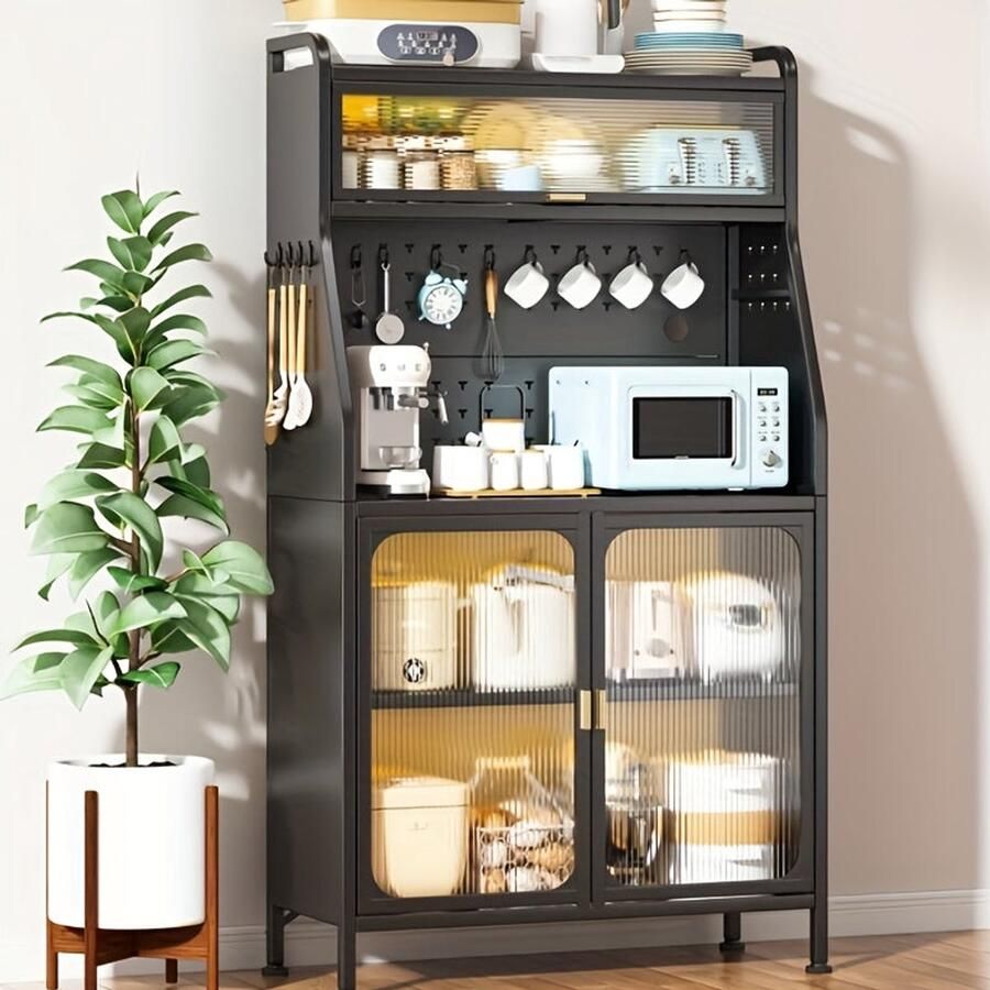 Corenia Keukenkast – Opbergkast – Buffetsideboard – Keukenkast Met Pegboard – Displaykast – Verstelbare Planken – Stevige Gietijzeren Constructie – Modern Zwart Design