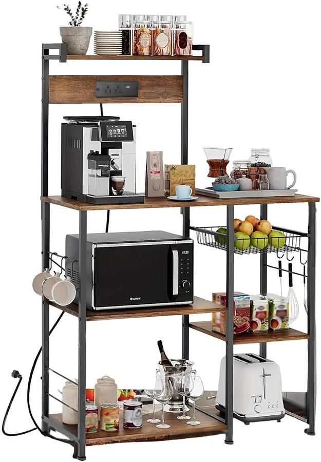 Corenia Keukenrek – Keukentrolley – Opbergrek – Keukenorganizer – Kast Organizer – Vier Lagen – Metalen Frame – Walnootkleurige Afwerking