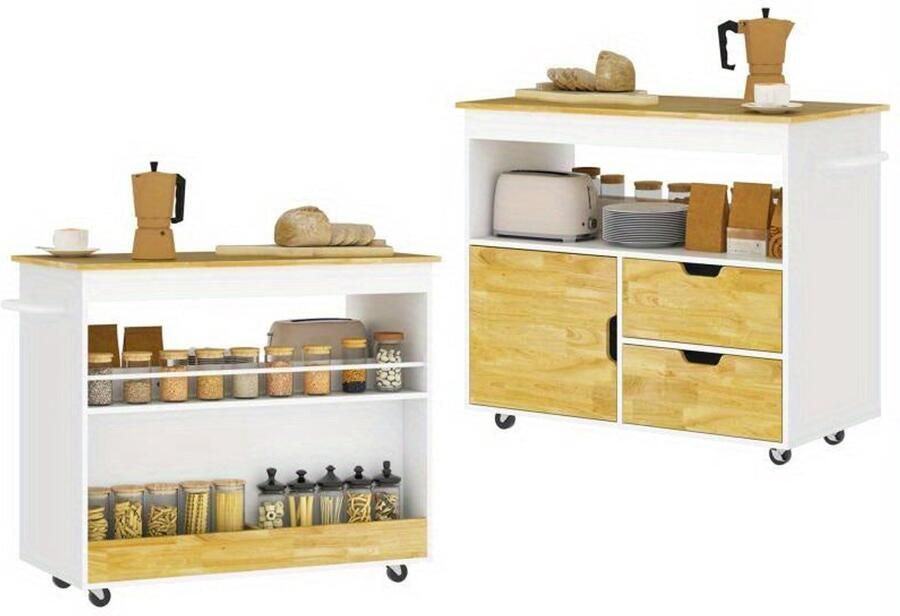 Corenia Keukentrolley – Keukenkar – Serveerwagen – Opbergtrolley – Rolwagen – Met laden en zachte deuren – Fiberboard met eikenhoutlook – 107x50x85 cm – Verrijdbaar met zwenkwielen