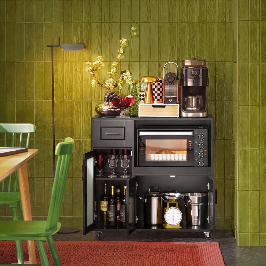 Corenia Keukenwagen – Keukenkast – Keukentrolley – Opbergkast – Glazen Deur – Verstelbare Plank – Wieltjes Met Rem