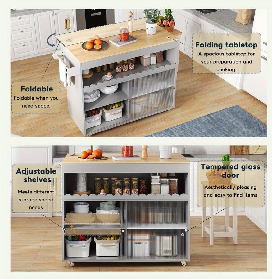 Corenia Keukenwagen – Keukentrolley – Keukenkast – Serveerwagen – Opbergwagen – Vouwbaar Eikenfineer Werkblad – Gehard Glas Schuifdeuren