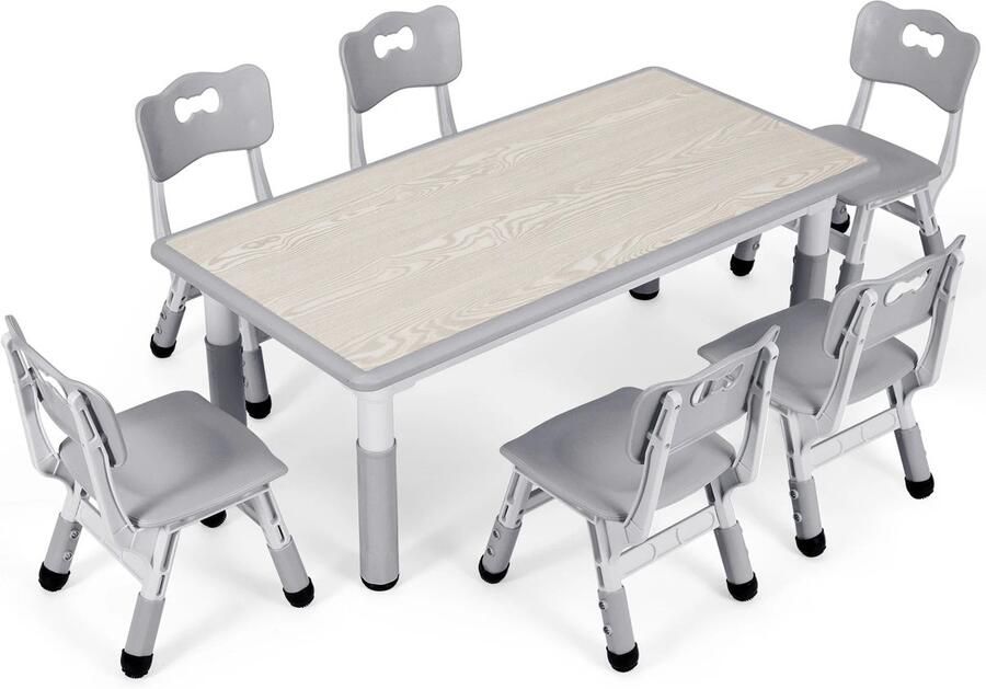 Corenia Kids Speeltafel – Kindertafel – Speelset – Kindermeubel – Tafel Met 6 Stuks Stoelen – Verstelbare Hoogte – Duurzaam Kunststof En Hout Grijs