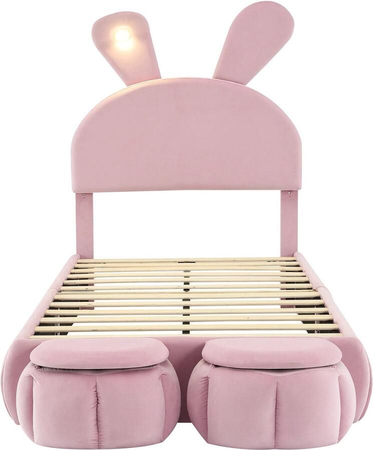 Corenia Kinderbed – Eenpersoonsbed – Jeugdbed – Slaapbank – Kinderbed met Lades – Roze Velvet Met Konijnenoren – Dimbare LED-Verlichting – 90x200 cm