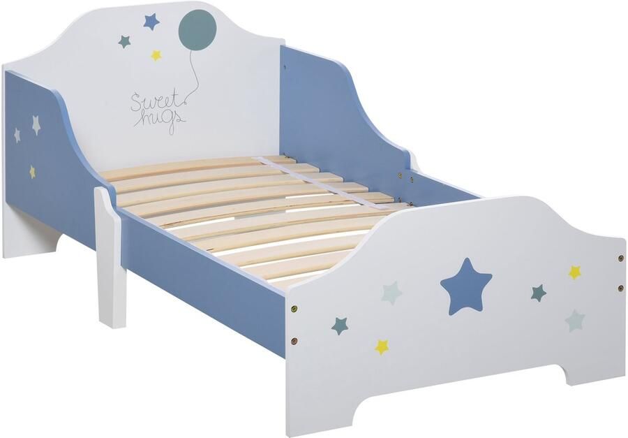 Corenia Kinderbed – Peuterbed – Vloerbed – Bed Voor Kinderen – Kinderbed Met Spijlenbodem – Laag Kindvriendelijk Bed – Sterrenprint Blauw Wit – 143x74 cm – Veilig En Duurzaam MDF