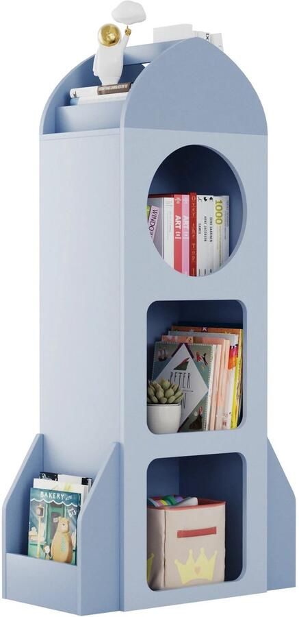 Corenia Kinderboekenkast – Raket Boekenkast – Kinderkast – Speelgoedkast – Kinderboekenplank – Lichtblauw – MDF Hoogwaardige Materialen – 120 cm Hoog