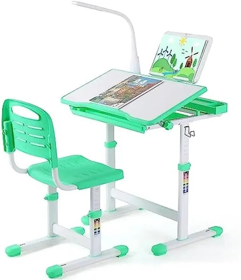 Corenia Kinderbureau en Stoel Set – Kindermeubel – Schrijftafel – Studiebureau – Kinderwerkplek – Verstelbare Hoogte 54-76 cm – LED Leeslamp met 3 Helderheidsniveaus Lichtgroen