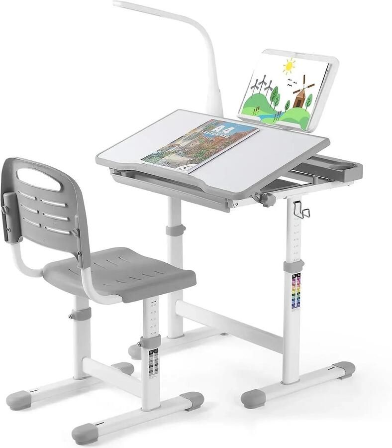 Corenia Kinderbureau – Kindertafel – Kinderschrijftafel – Kinderwerkplek – Kinderbureau Met Stoel – Verstelbaar In Hoogte – Inclusief Leeslamp Met Lade – Donkergrijs