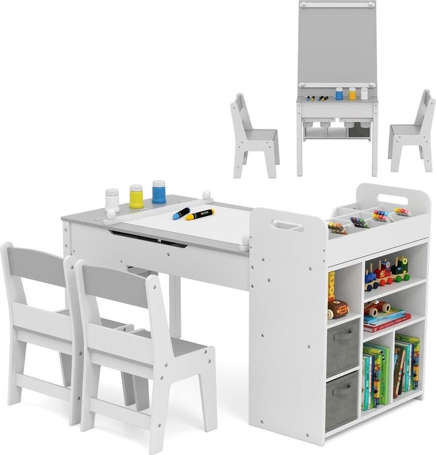 Corenia kinderbureau – kindertafel – speeltafel – tekentafel – knutseltafel – 3-in-1 opklapbaar tafelblad – stevig dennenhout met ruime opbergruimte