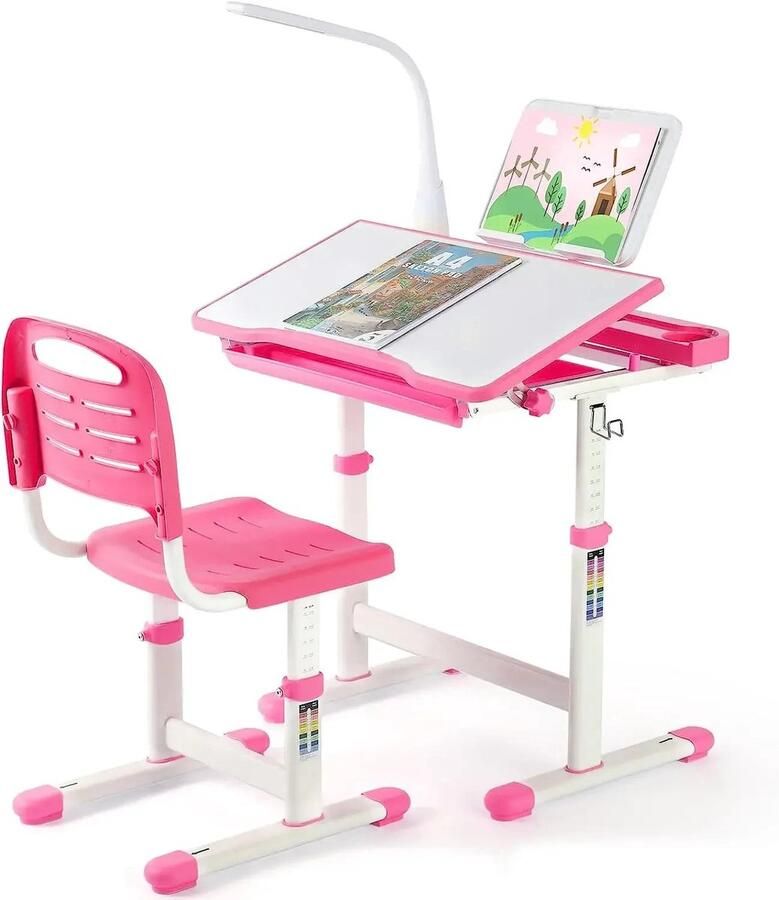 Corenia Kinderbureau Set – Kindertafel – Kinderstoelen Set – Kleuter Bureau – Leerbureau – Verstelbaar Bureau & Stoel – Inklapbaar Tafelblad Met LED Leeslamp Roze