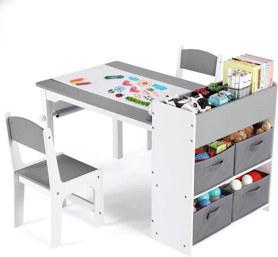 Corenia Kindertafel – Kinderbureau – Speeltafel – Knutseltafel – Tafel Met Stoelen – Inclusief Papierrolhouder – Duurzaam MDF-hout Grijs