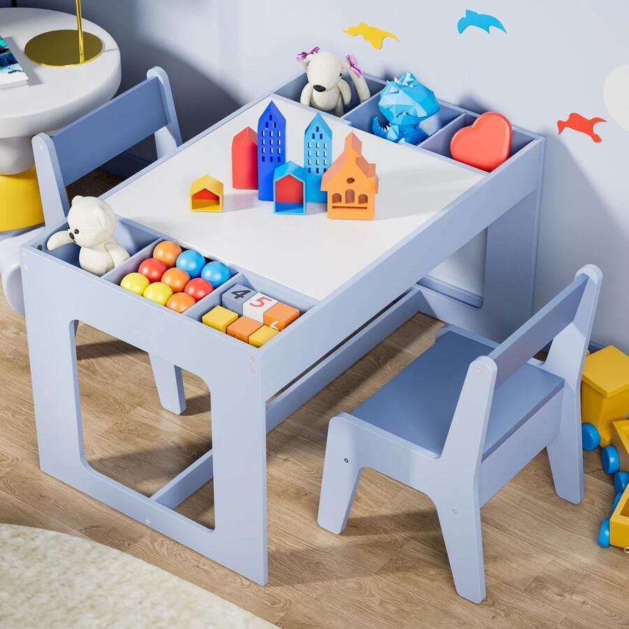 Corenia Kindertafel Met 2 Stoeltjes – Speeltafel – Tafelset – Kindertafel Hout – Krijtbord Tafel – Multifunctioneel – Met Opbergruimte