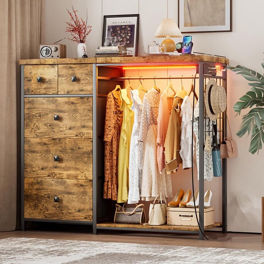 Corenia Kledingkast – Garderobekast – Kleerkast – Opbergkast – Draaideurkast – Vintage Design – 125x40x120 cm – Met 5 Lades en Hanggedeelte – Robuust Hout-Metaal – Vrijstaand & Eenvoudig Montage