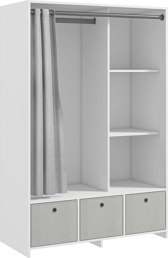 Corenia Kledingkast – Garderobekast – Opbergkast – Kleerkast – Kast Met Gordijn – Ruime Hangplek 117 5 cm – 3 Uitneembare Stoffen Lades – Wit – 105x48x160 cm