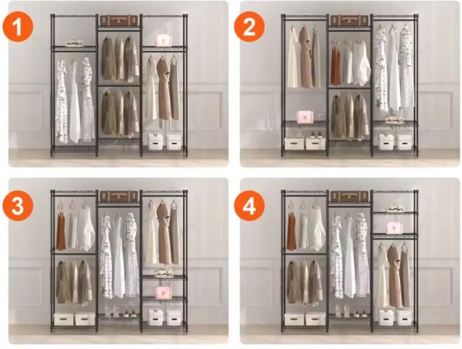 Corenia Kledingrek Industrieel Vrije indeling Zwart metaal Tot 360 kg Ruim Vrijstaand Kledingstang Legplanken 174x180x45 cm