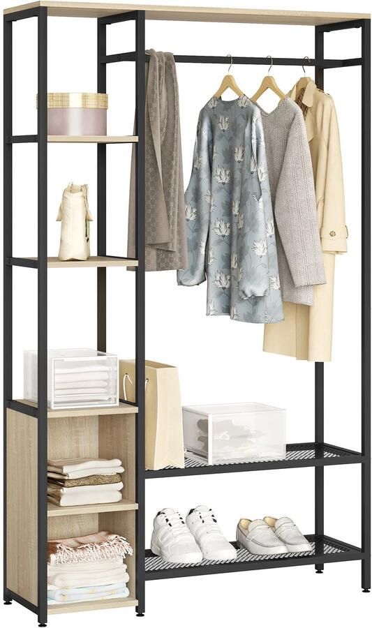 Corenia Kledingrek Kapstok met Kledingrail – 3 Planken – 2 Schoenenrekken – 2 Compartimenten – Stevige Jasstandaard – Opslag voor Hal & Garderobe – 100x165x30 cm – Zwart & Lichte Eiken