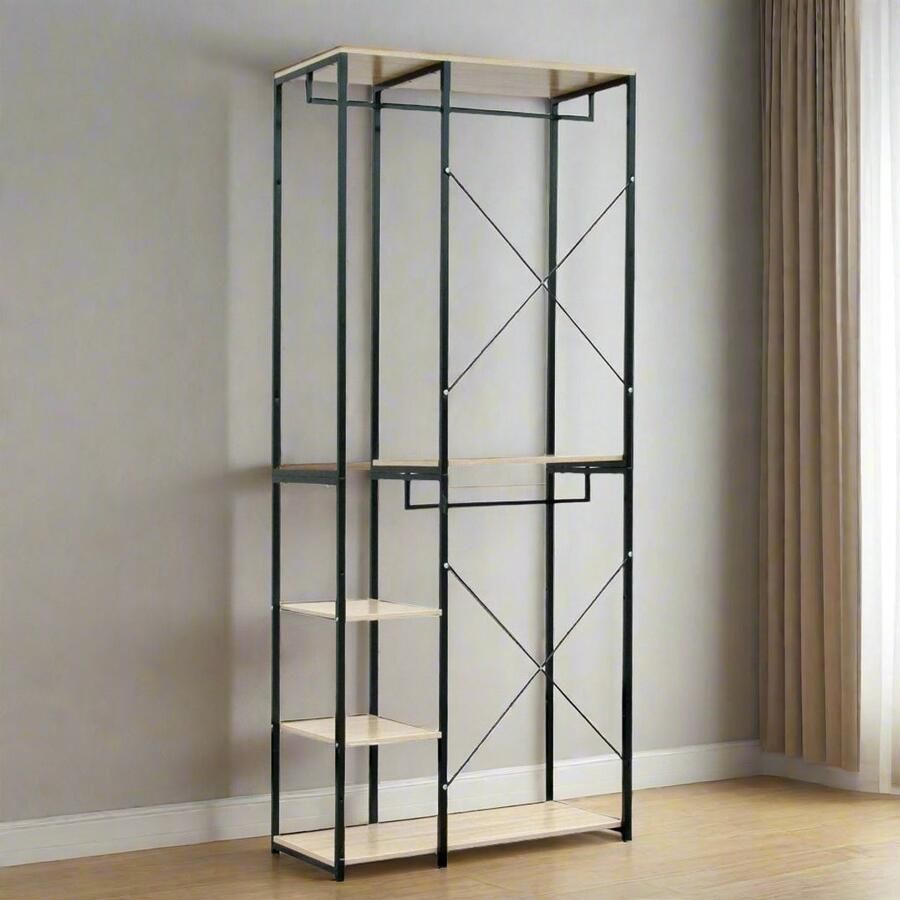 Corenia Kledingrek Kledinghangers Kledingrek Metaal Houten Stalen Kapstok – Vrijstaande Kledinghanger met Opslagplanken Schoenenrek voor Slaapkamer 90x40x204.5cm Zwart en Licht Eiken