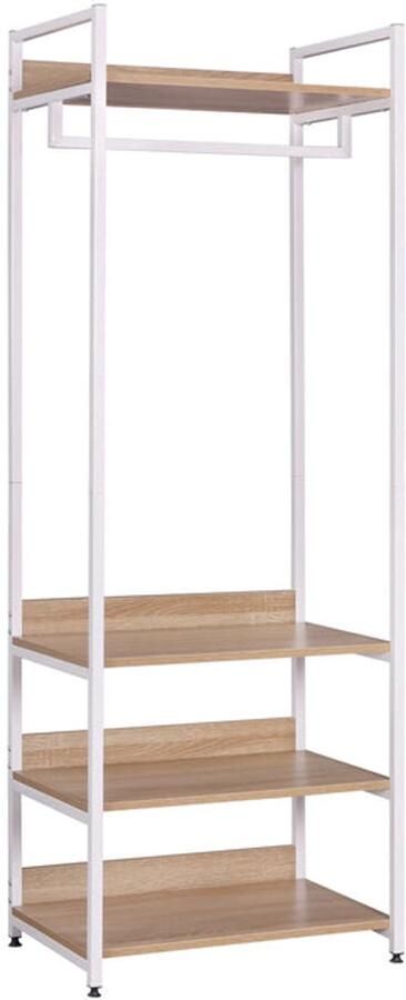 Corenia Kledingrek Kledinghangers Kledingrek Metaal met 3 Houten Planken Garderobekast met Kledingrail – Kapstok met Schoenenrek – Voor Slaapkamer & Gang 56x36x170cm Licht Eiken Wit