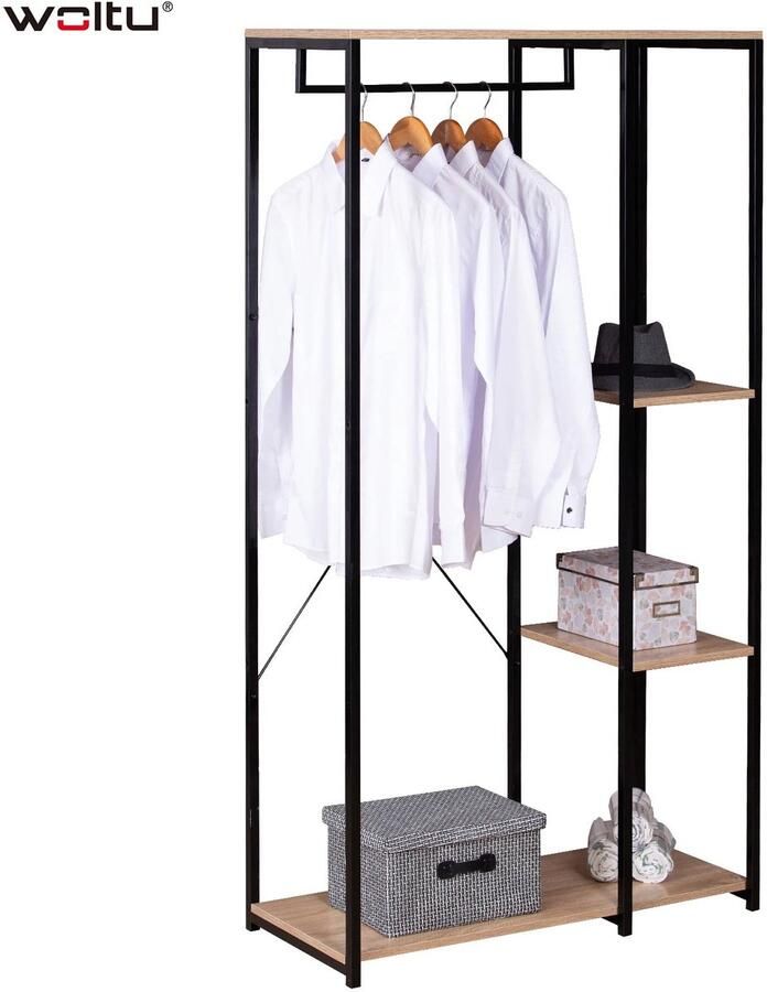 Corenia Kledingrek Loftstijl Slaapkamer Kledingmeubel Halkast Industrial style Wardrobe Luxe Rek Voor Kleding Jassen ophangen Schoenen Opbergen Hout Staal Kledingrek Zwart en licht eiken