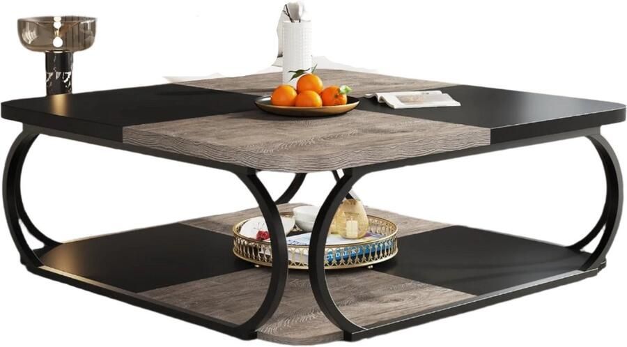 Corenia Koffietafel – Salontafel – Bijzettafel – Woonkamertafel – Dubbel Blad – Met Opbergruimte – Met Verstelbare Voetjes 100 x 100 x 50 cm Zwart Rustiek Grijs