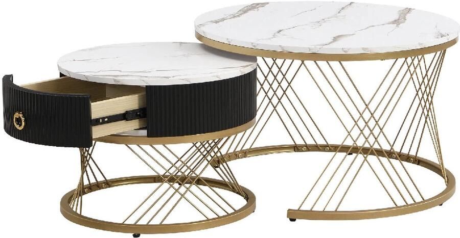 Corenia Koffietafel Set – Salontafel – Bijzettafel – Woonkamertafel – Modulaire Tafels – Marmerlook Blad – Gouden Accenten 78 x 76.5 x 28 cm Wit & Goud