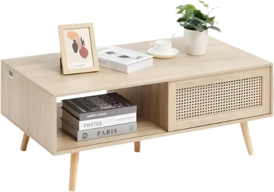 Corenia Koffietafel Table Coffe table Living Room Table Salontafel voor woonkamer slaapkamer 47 inch Rotan salontafel Rechthoekige salontafel Moderne Boho-stijl 2 lagen opbergruimte
