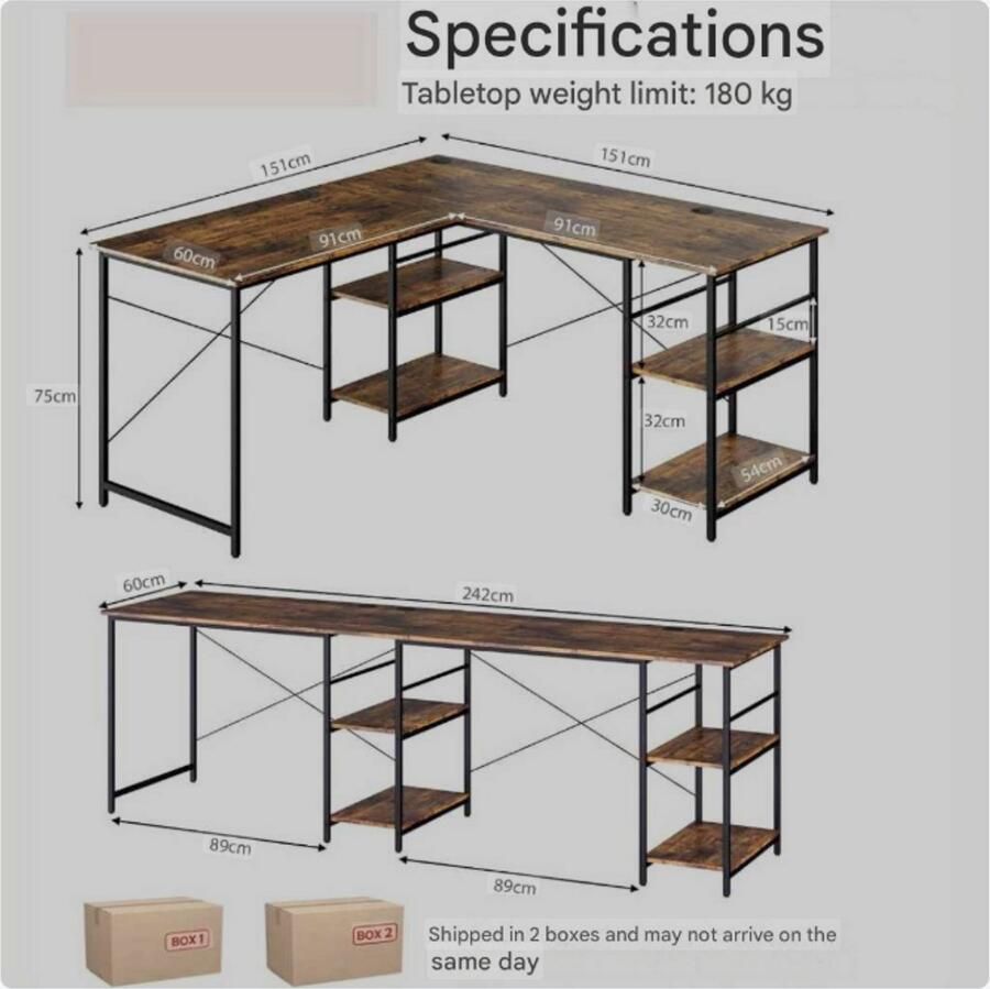 Corenia L-vormig Bureau – Hoekbureau – Computertafel – Thuiswerkplek Bureau – Bureau Met Opbergruimte – 242 cm Lang – Met Stevig Metalen Frame – Bruin Houtlook