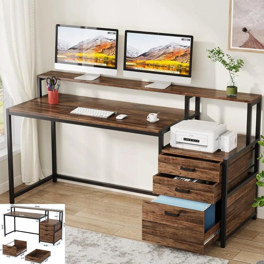 Corenia L-Vormig Bureau – Hoekbureau – Werkplek Bureau – Computertafel – Opbergbureau – Stevig Metaal Frame – Verstelbare Pootjes Bruin 01