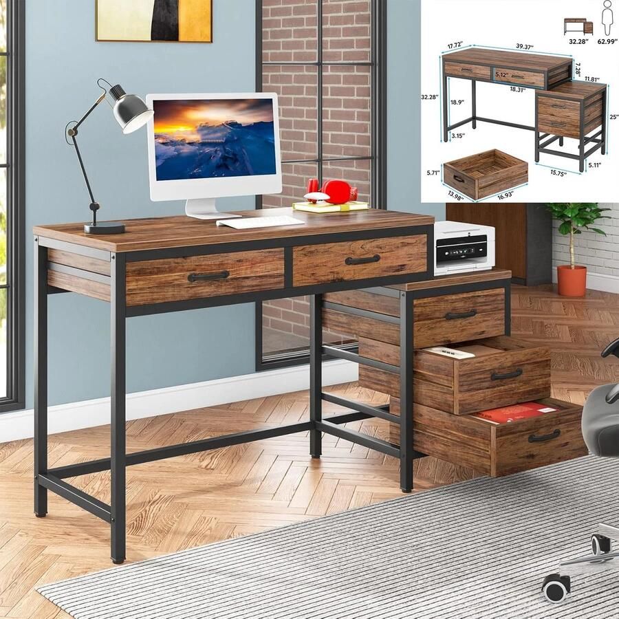 Corenia L-Vormig Bureau – Hoekbureau – Werkplek Bureau – Computertafel – Opbergbureau – Stevig Metaal Frame – Verstelbare Pootjes Bruin 02