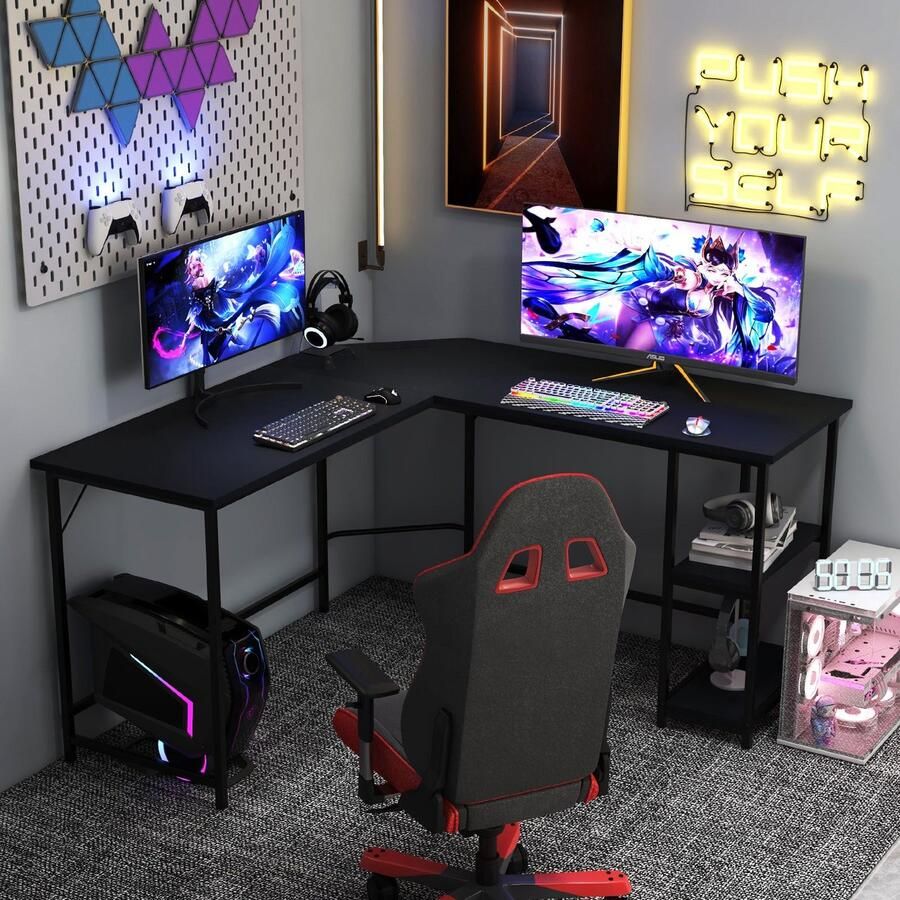 Corenia L-vormig Bureau – Hoekbureau – Werkplek Bureau – Gaming Bureau – Studiebureau – Zwart – Ruim Tafelblad 138x50 cm – Stevig Carbon Staal Frame