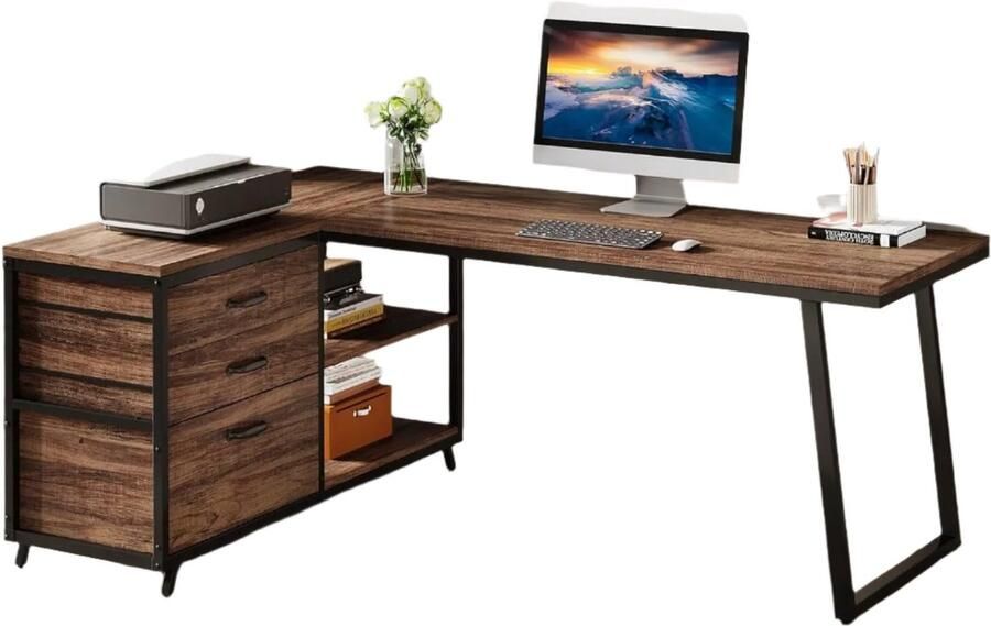 Corenia L-Vormig Bureau – Hoekbureau – Werkplek Meubel – Computertafel – Ruimtebesparend Design – Opbergruimte Met Laden 135 x 100 x 75 cm Bruin