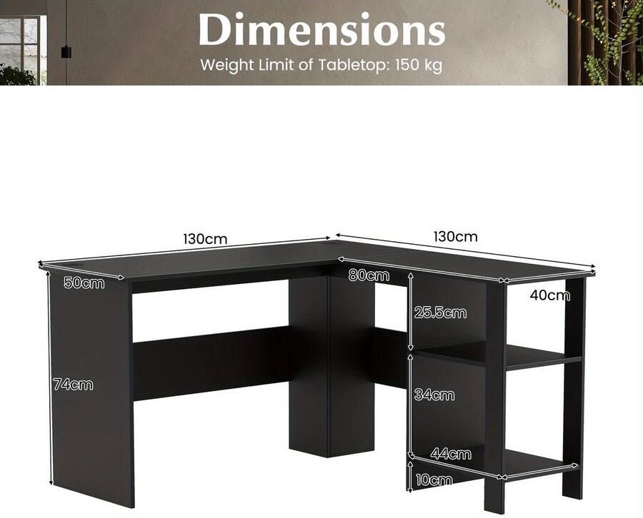 Corenia L-vormige bureautafel – Hoekbureau – Computerbureau – Kantoorbureau – Werkplek bureau – Grote werkblad 130x130 cm – Kabeldoorvoeren en opbergruimte – Zwart