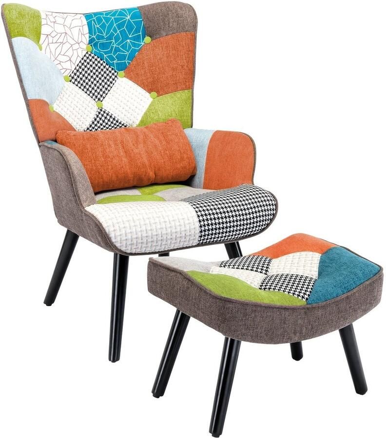 Corenia Lezenstoel – Fauteuil – Relaxstoel – Lounge Chair – Leesstoel – Hoog Rugleuning Design – Patchwork Stofmix Met Voetkruk
