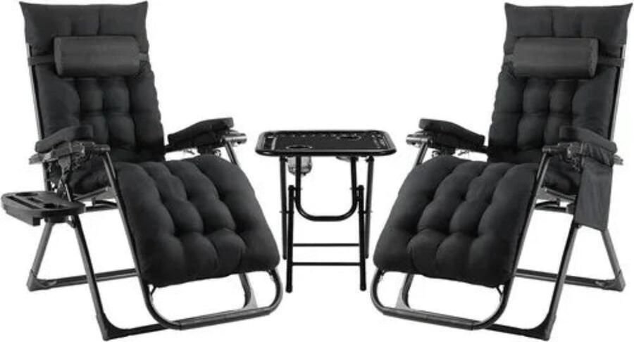 Corenia Ligbed – Zonnebed – Ligstoel – Tuinstoel – Loungestoel – Verstelbare Rugleuning 90-160° – Inclusief Kussen & Bekerhouder Zwart