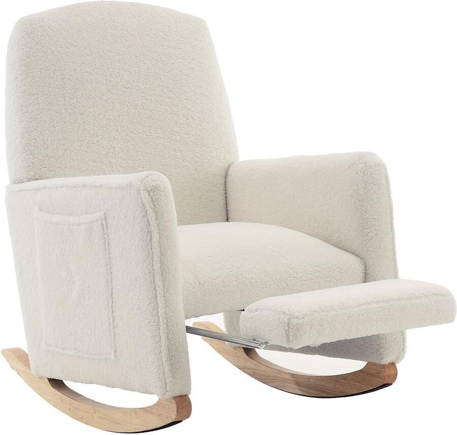 Corenia Lounge Schommelstoel – Relaxstoel – Fauteuil – Woonkamerstoel – Schommelstoel Met Voetenbankje – Wit – Hardhouten Frame – Zachte Teddy Bekleding