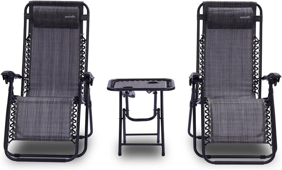 Corenia Loungestoel – Fauteuil – Relaxstoel – Tuinstoel – Verstelbare Stoel – Set van 2 – Weerbestendig Staal – Inclusief Bijzettafel met Bekerhouders