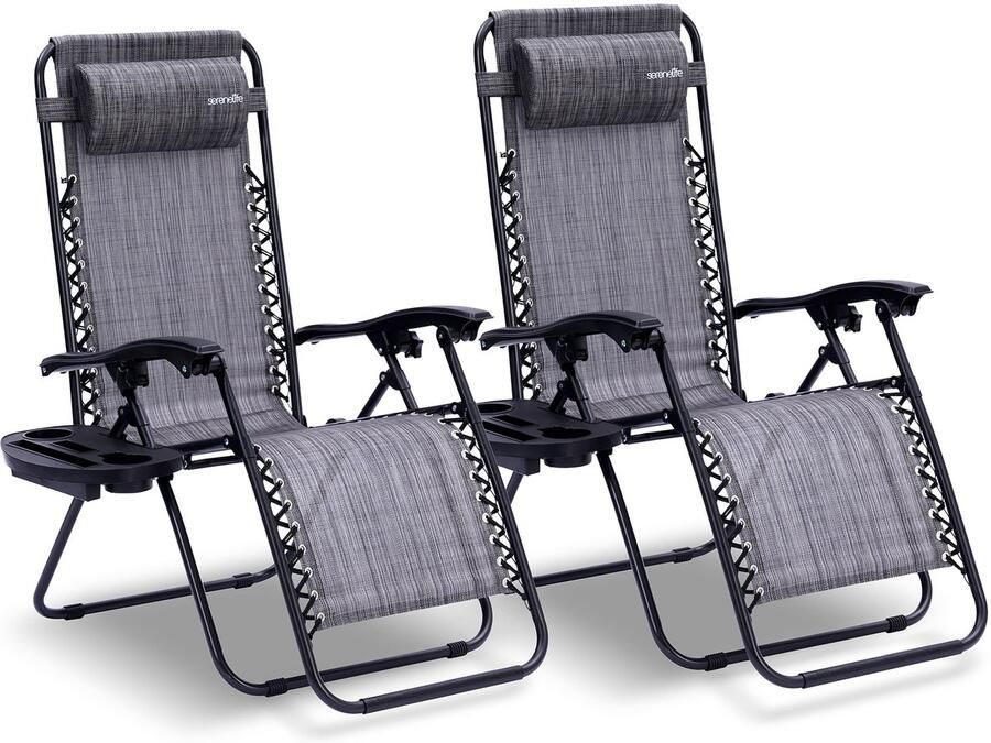 Corenia Loungestoel – Tuinstoel – Relaxstoel – Ligstoel – Fauteuil – Verstelbaar Zero Gravity – Weerbestendig Stalen Frame – Inclusief Afneembaar Tafeltje en Bekerhouders – Grijs