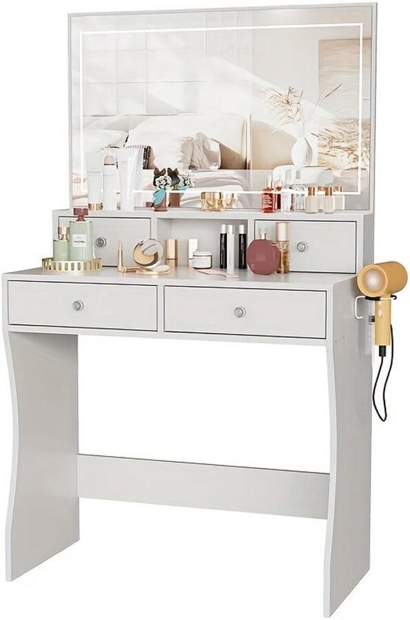 Corenia Make-up Tafel – Kaptafel – Cosmeticatafel – Dressing Table – Make-up Bureau – Met Spiegel – Haardrogersstandaard – 80x40x140 cm – Vier Lades – Wit