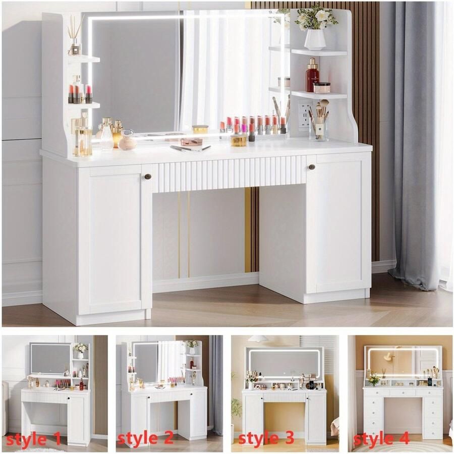 Corenia Make-up tafel – Kaptafel – Cosmeticatafel – Make-up bureau – Dressing table – Duurzaam hardhout en glas – Ruime opbergruimte met lades en verstelbare planken