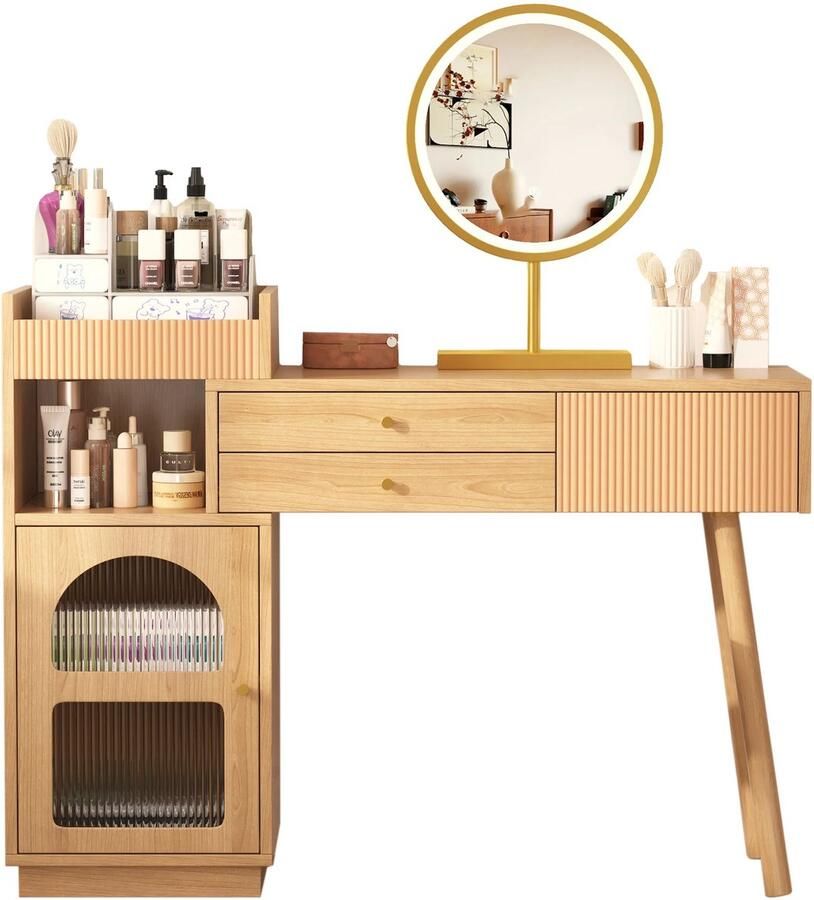 Corenia Make-Up Tafel – Kaptafel – Make-Up Bureau – Beauty Meubel – Driedubbele LED-Verlichting – Ruime Opbergruimte Bruin