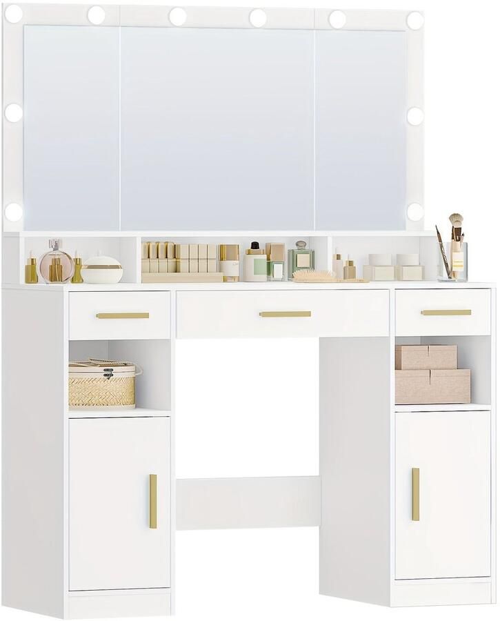 Corenia Make-up Tafel – Kaptafel – Make-up Bureau – Vanity – Sieradekast – Wit Met Gouden Accenten – Grote Spiegel Met LED-verlichting – 3 Laden En 2 Kastjes