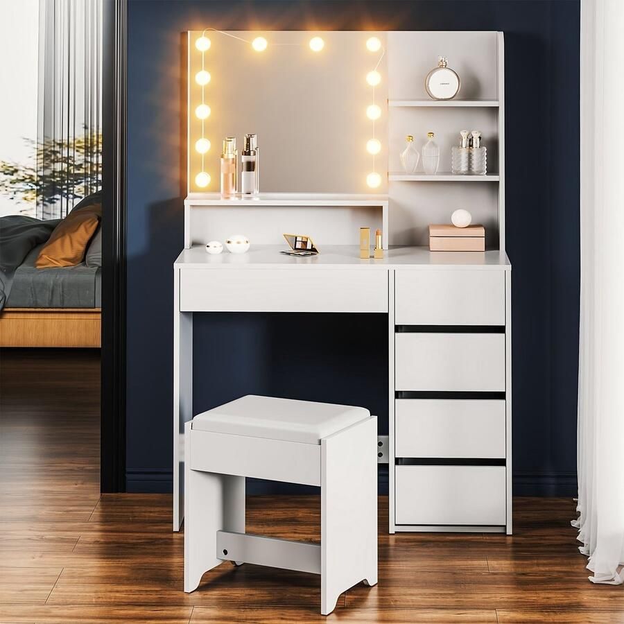 Corenia Make-up Tafel – Kaptafel – Schminktafel – Dressing Table – Beauty Tafel – Witte Metalen Kaptafel – LED Spiegel Met 3 Lichtstanden – Inclusief Comfortabele Kruk