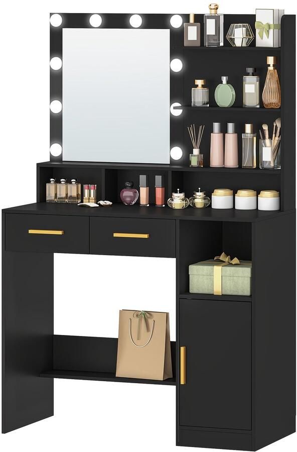 Corenia Make-up tafel – kaptafel – schminktafel – make-up bureau – toilettafel – verstelbare LED-verlichting – ruime opbergruimte met lades en kastje – zwart