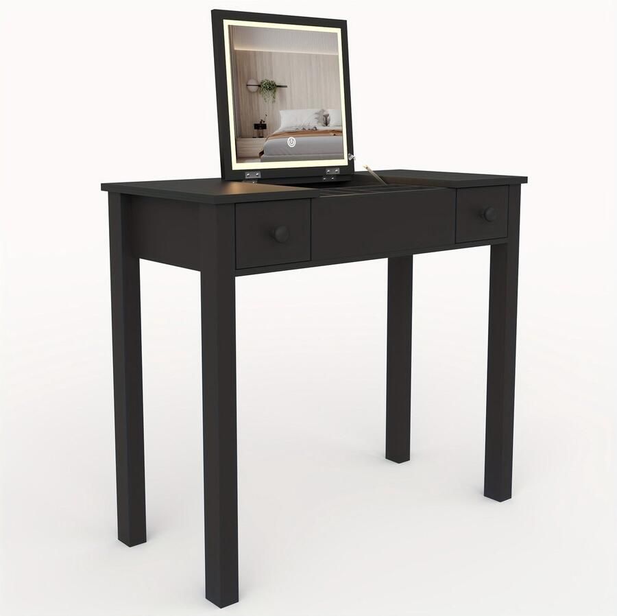 Corenia Make-up tafel – Kaptafel – Schminktafel – Vanity – Make-up bureau – Zwart hout – Ingebouwde Spiegel – Met lades