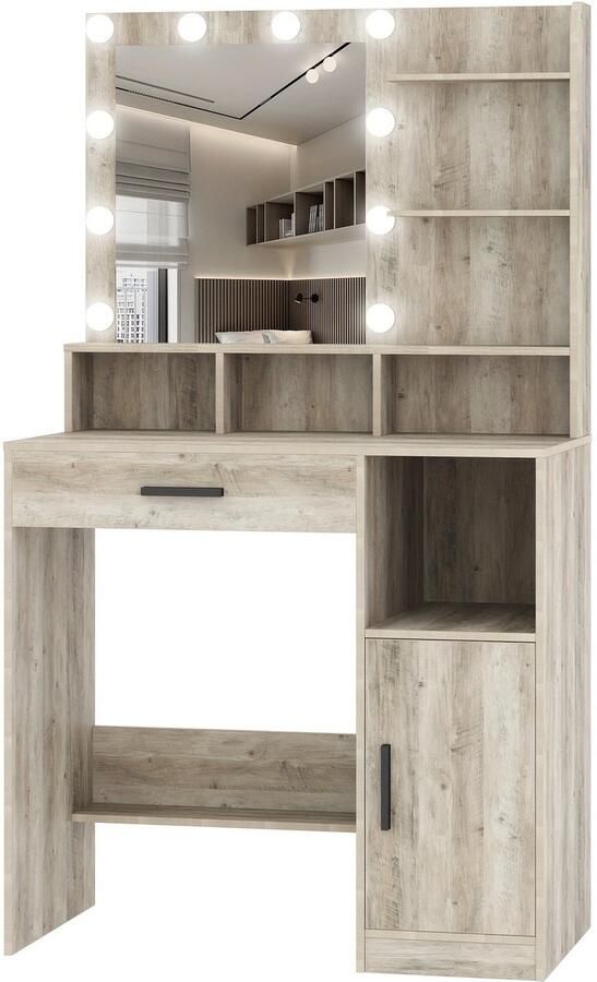 Corenia Make-up Tafel – Kaptafel – Schminktafel – Vanity Table – Make-up Bureau – Greige Kleur – 10 LED Verlichting Met 3 Dimbare Standen – 3 Open Planken & 4 Vakken Met Grote Lade