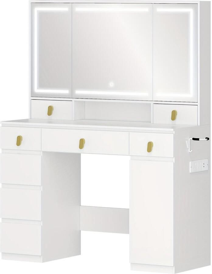 Corenia Make-up Tafel – Kaptafel – Schminktisch – Vanity – Make-uptafel – Grote Spiegel – Instelbare LED Verlichting – 8 Laden & Opbergruimte – Wit