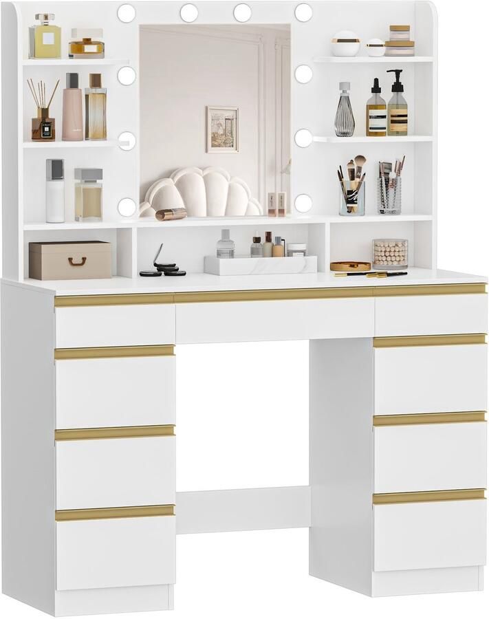 Corenia Make-up Tafel – Kaptafel – Visagie Tafel – Beauty Tafel – Dressing Table – LED Verlichting 10 Lampen – Grote HD Spiegel & 9 Opbergvakken – Wit Gouden Afwerking