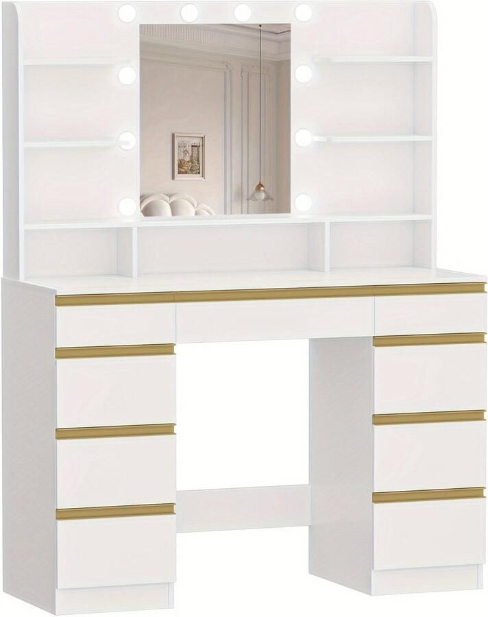 Corenia Make-up Tafel – Kaptafel – Visagie Tafel – Makeup Bureau – Dressing Table – Wit met Gouden Accenten – 10 LED-lichtbollen met Instelbare Kleur en Helderheid – Groot HD Spiegeloppervlak